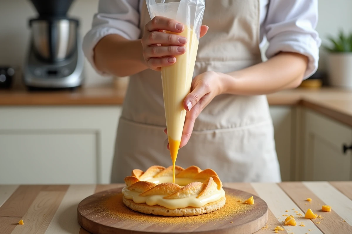 Pâtissière pochant la crème mousseline praliné dans un Paris-Brest avec poche à douille en cuisine