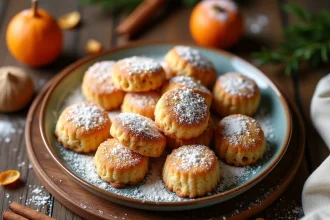 Assortiment de polvorones et mantecados espagnols de Noël sur une assiette en céramique rustique avec sucre glace et épices