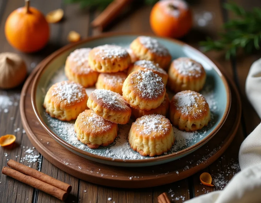 Assortiment de polvorones et mantecados espagnols de Noël sur une assiette en céramique rustique avec sucre glace et épices