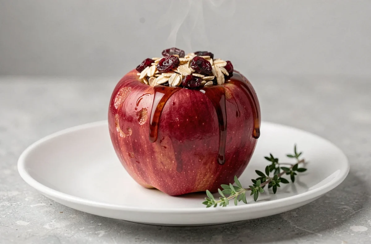 Pomme au four individuelle farcie aux flocons d'avoine et canneberges sur assiette blanche, vue rapprochée