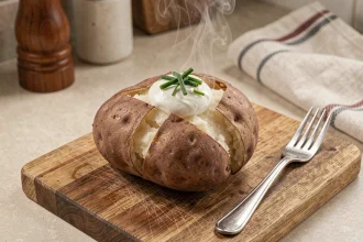 Pomme de terre au four farcie de crème fraîche et ciboulette sur planche en bois dans une cuisine du quotidien