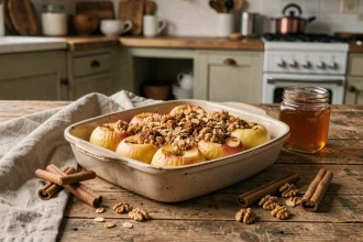 Pommes au four dans un plat en céramique rustique avec crumble à l'avoine et cannelle, sur une table en bois