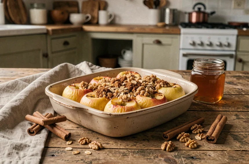 Pommes au four dans un plat en céramique rustique avec crumble à l'avoine et cannelle, sur une table en bois