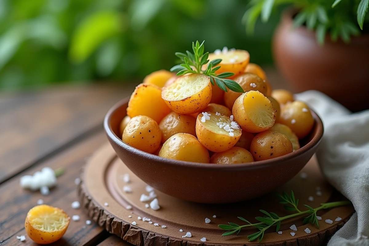 Bol de pommes de terre croustillantes sur table en plein air