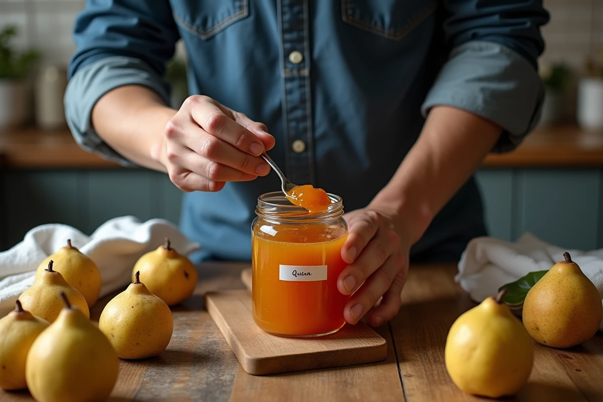 Pot de confiture de coings avec quinces et cuillère en bois