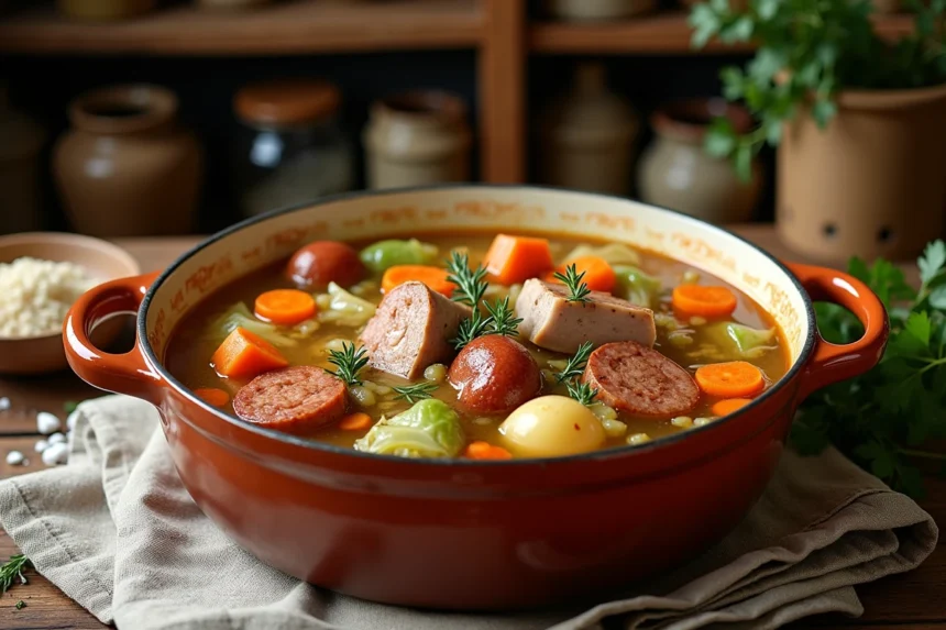 Grande potée traditionnelle française dans une cocotte en terre cuite avec légumes, charcuterie et bouillon doré sur une table rustique en bois