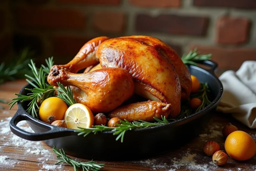 Poulet rôti entier de 1,5 kg bien doré dans une cocotte en fonte avec ail caramélisé et romarin frais