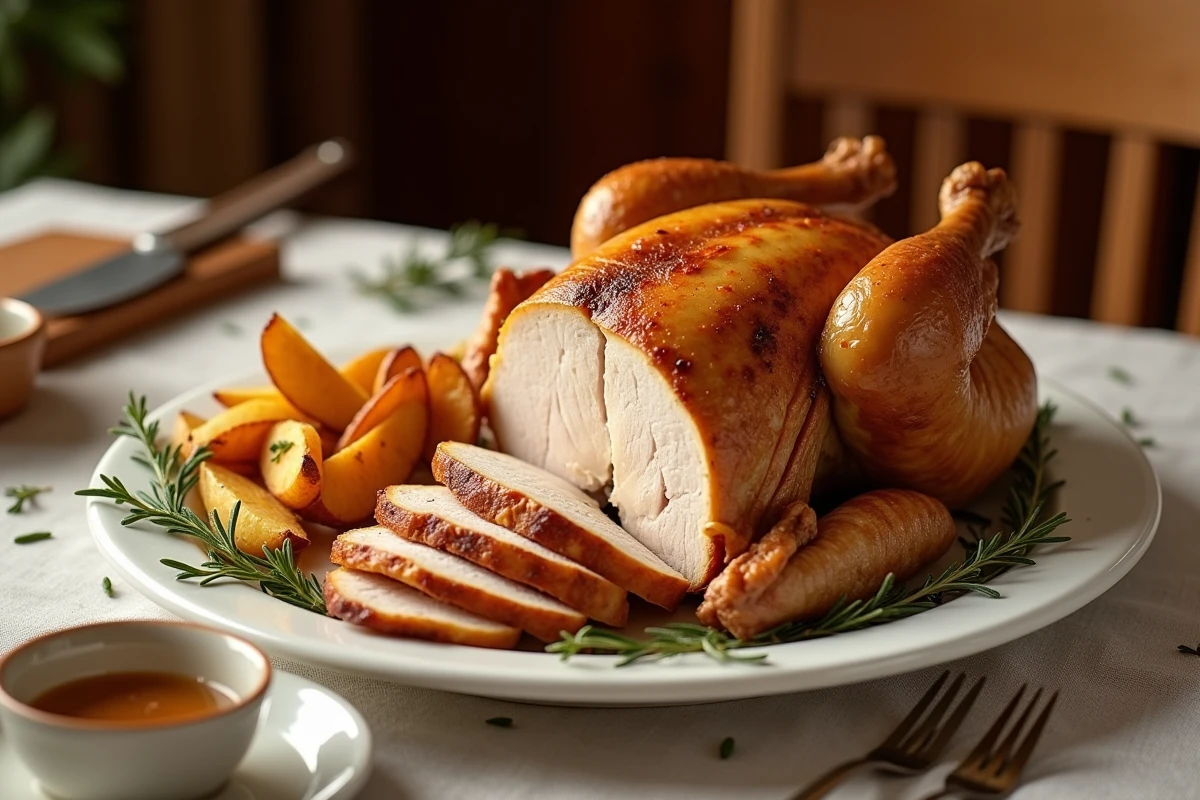 Poulet rôti de 1,5 kg découpé et juteux servi sur plateau blanc avec pommes de terre dorées au four