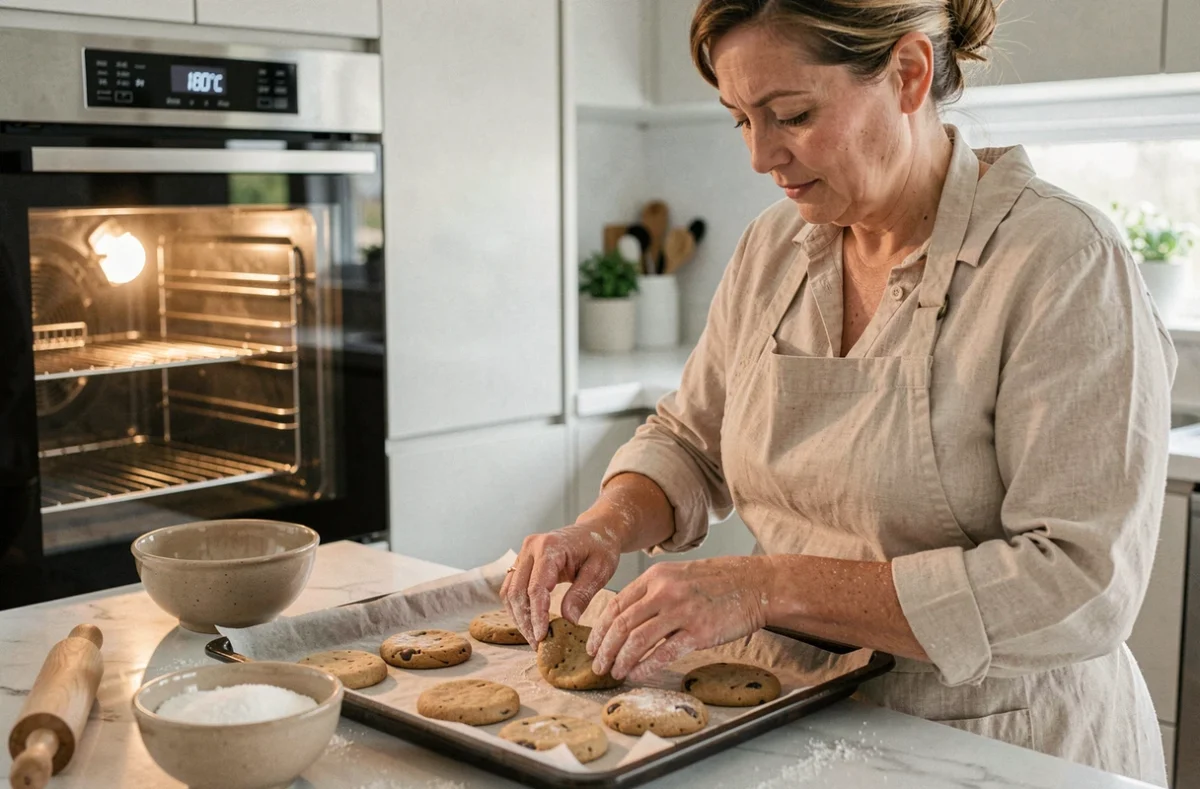 Femme en tablier préparant des biscuits crus avant cuisson au four réglé à 180 degrés Celsius
