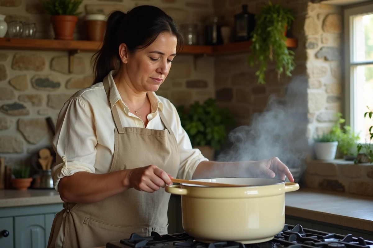 Femme qui prépare une blanquette de veau maison en remuant la cocotte sur le feu