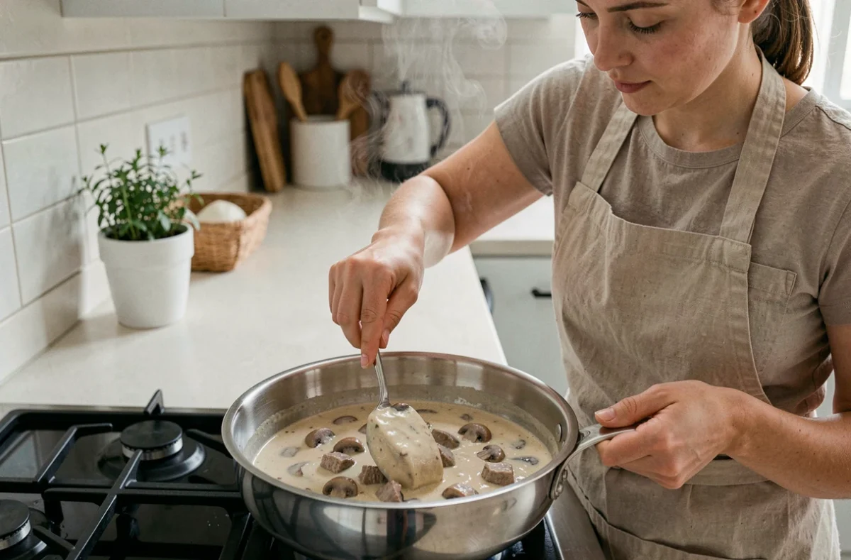 Femme cuisinant une blanquette de veau maison dans une casserole sur une cuisinière moderne, sauce crémeuse aux champignons et morceaux de veau