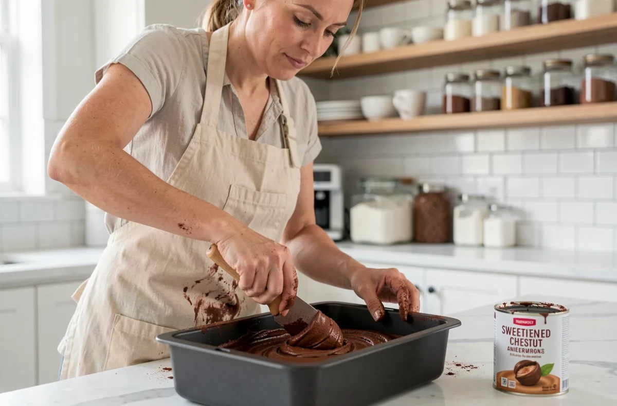 Femme en tablier incorporant de la crème de marrons dans une pâte à brownie chocolat dans un moule noir mat sur un plan de travail en marbre