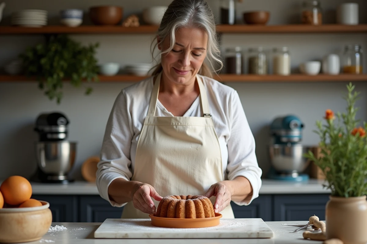 Boulangère amateur démoulant un canelé doré dans une cuisine domestique avec moules et ingrédients traditionnels