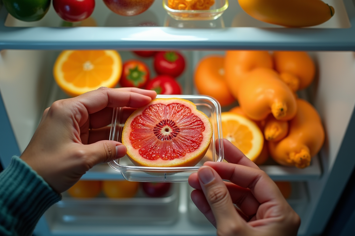 Mains plaçant des tranches de fruits dans un réfrigérateur lumineux