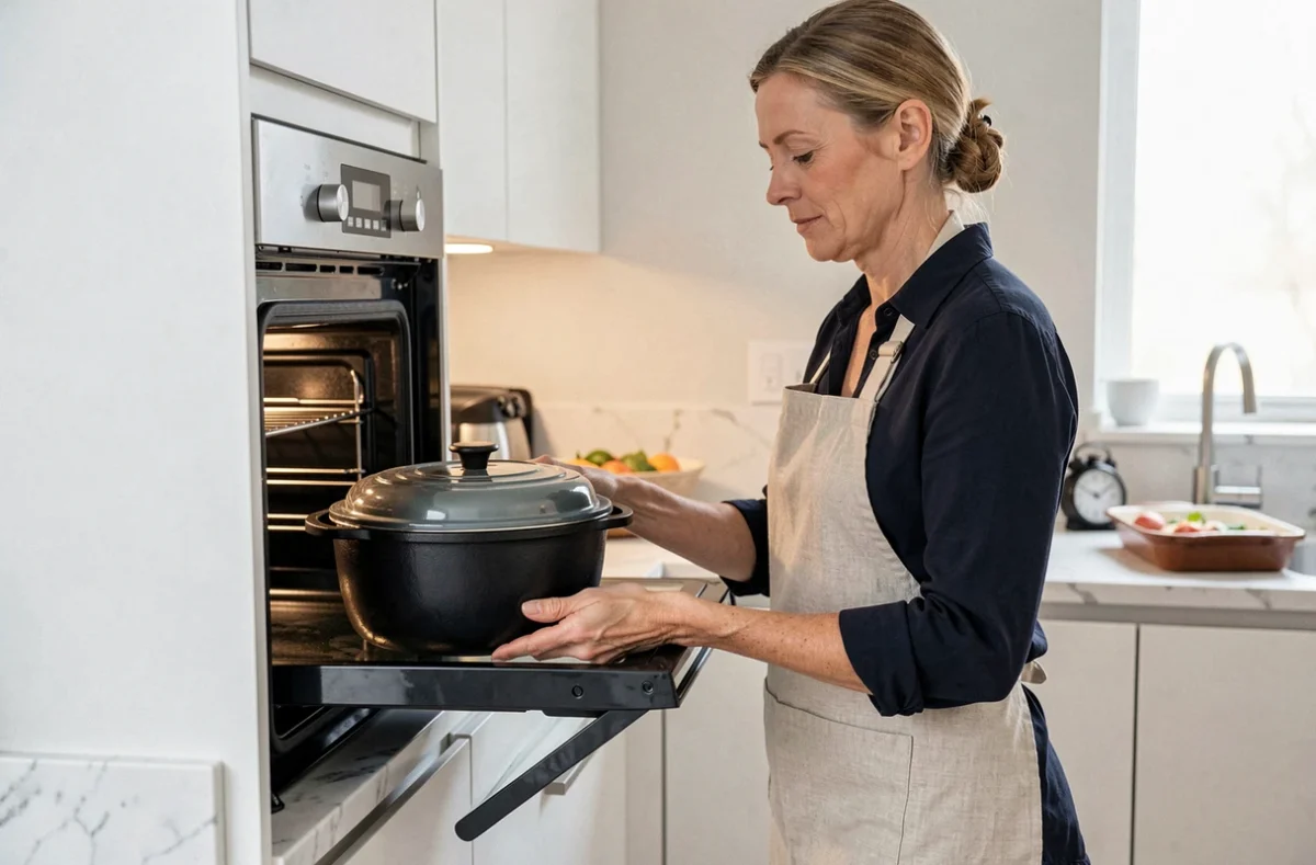 Femme préparant une épaule d'agneau en cocotte au four pour un repas organisé à l'avance