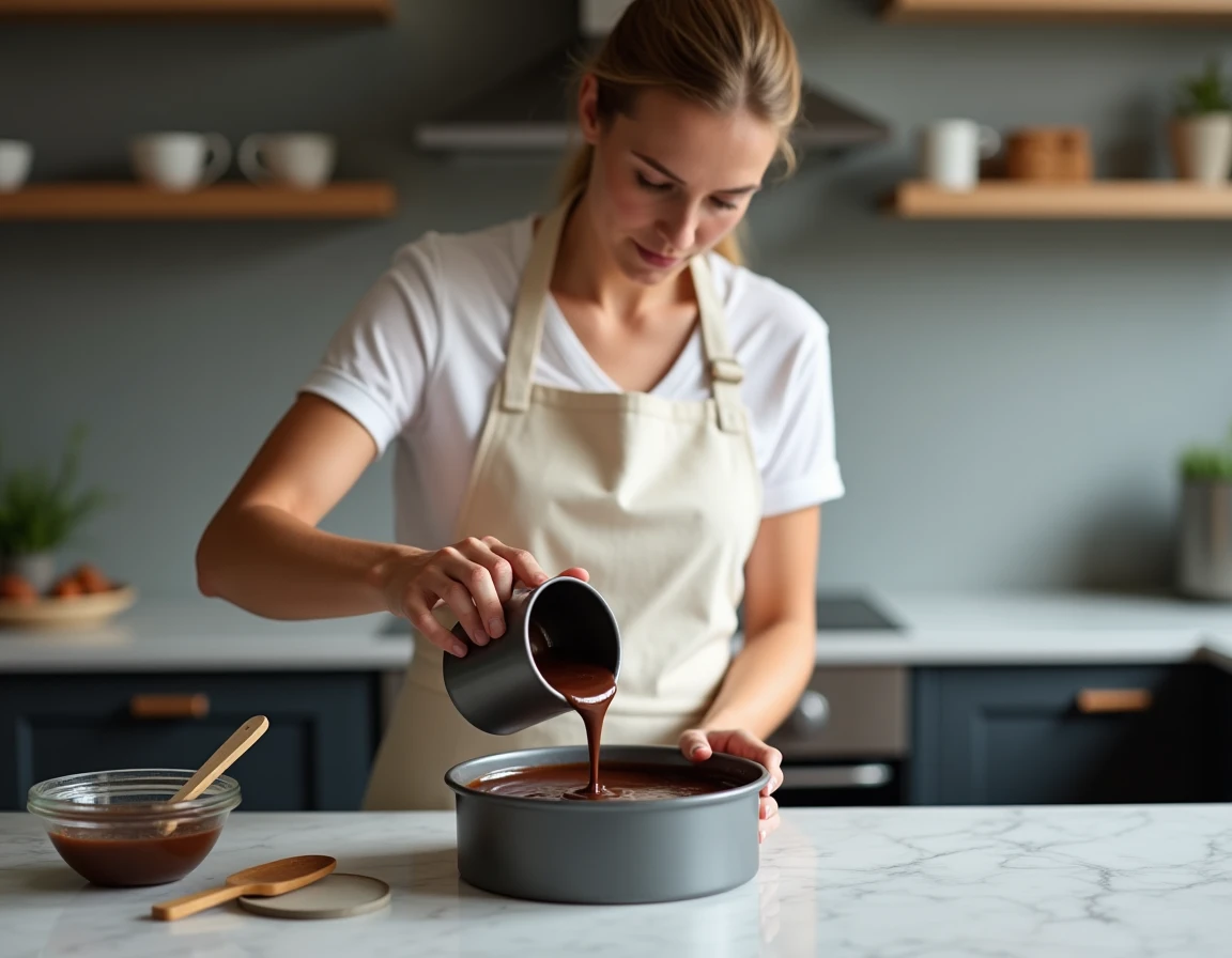 Femme versant de la pâte au chocolat dans un moule avec de la crème de marrons sur un plan de travail en marbre lors de la préparation d'un fondant maison