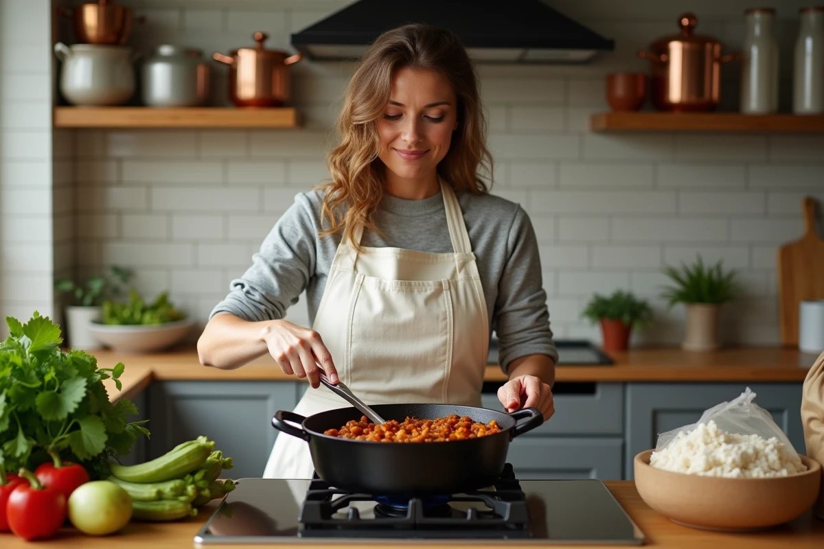 Femme préparant un goulash hongrois sans gluten dans une cuisine moderne avec cocotte en fonte et ingrédients frais