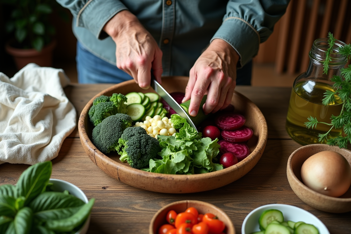 Préparation de légumes frais sur une table de cuisine