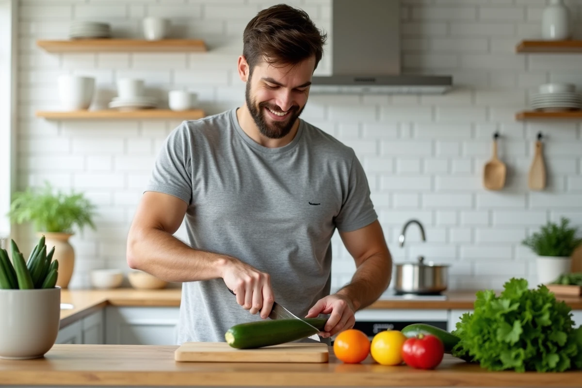 Jeune homme préparant des légumes en V dans une cuisine moderne, courgette sur planche à découper en bois