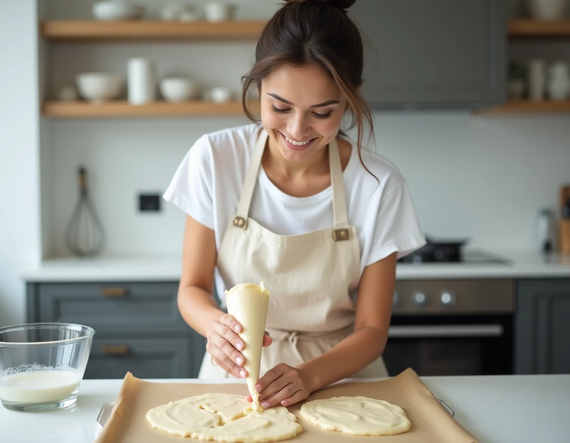 Femme débutante en cuisine pochant la pâte à biscuits cuillère sur une plaque recouverte de papier sulfurisé