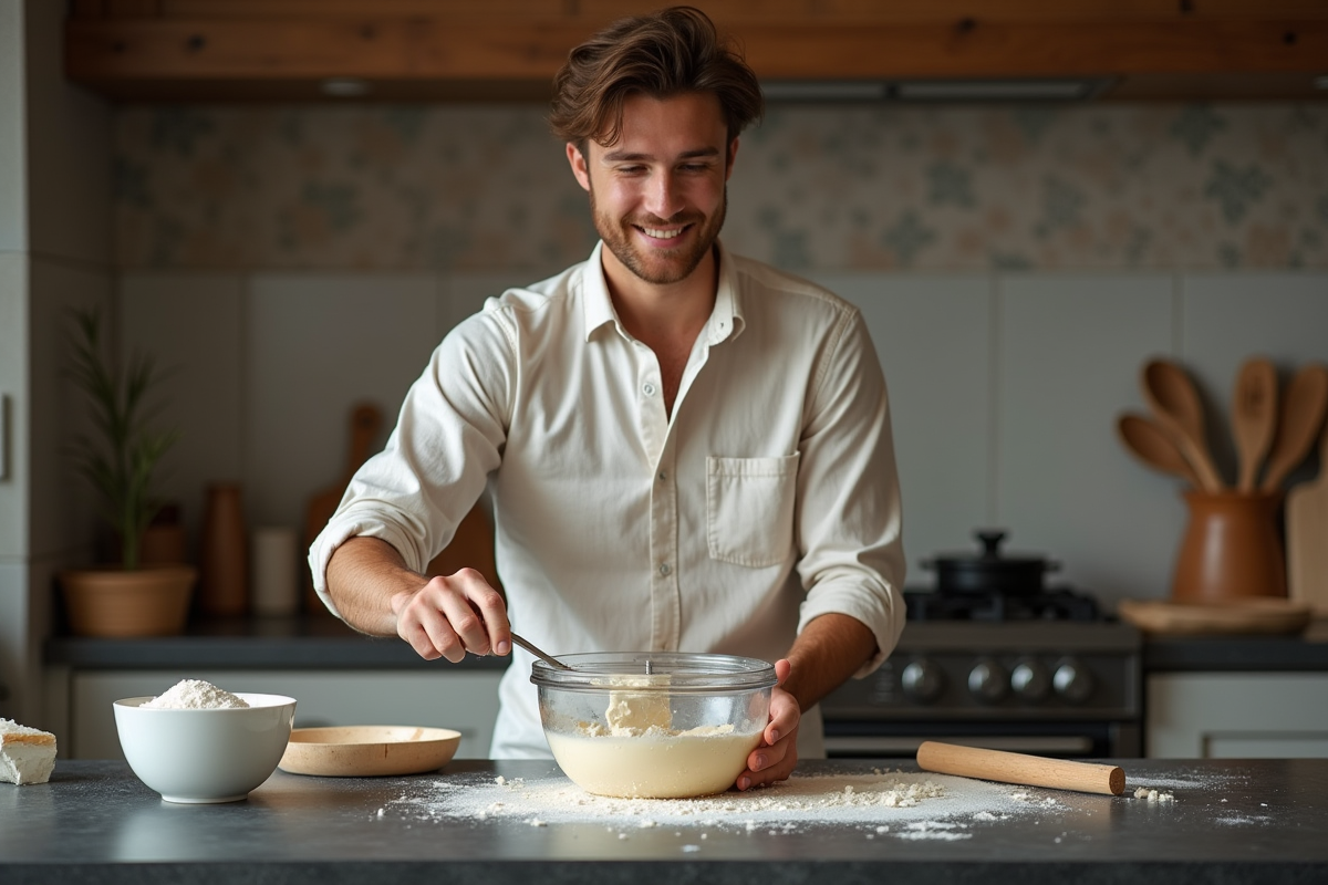 Jeune homme mélangeant la pâte brisée à la spatule
