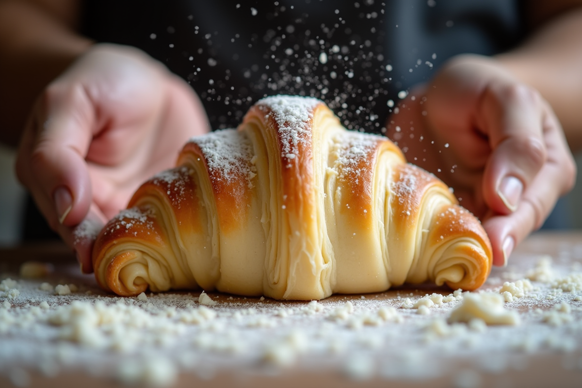 Mains préparant la pâte feuilletée pour croissants avec farine en suspension