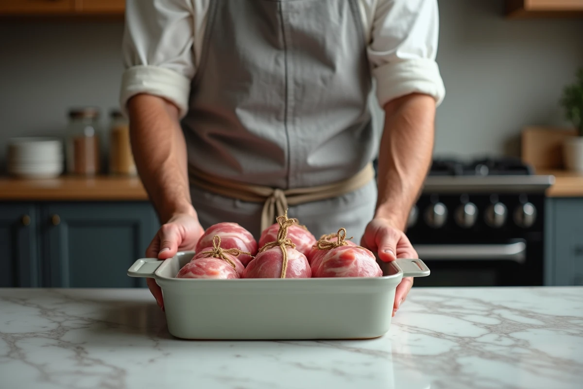 Cuisinier amateur préparant des paupiettes de porc crues ficelées avant de les enfourner