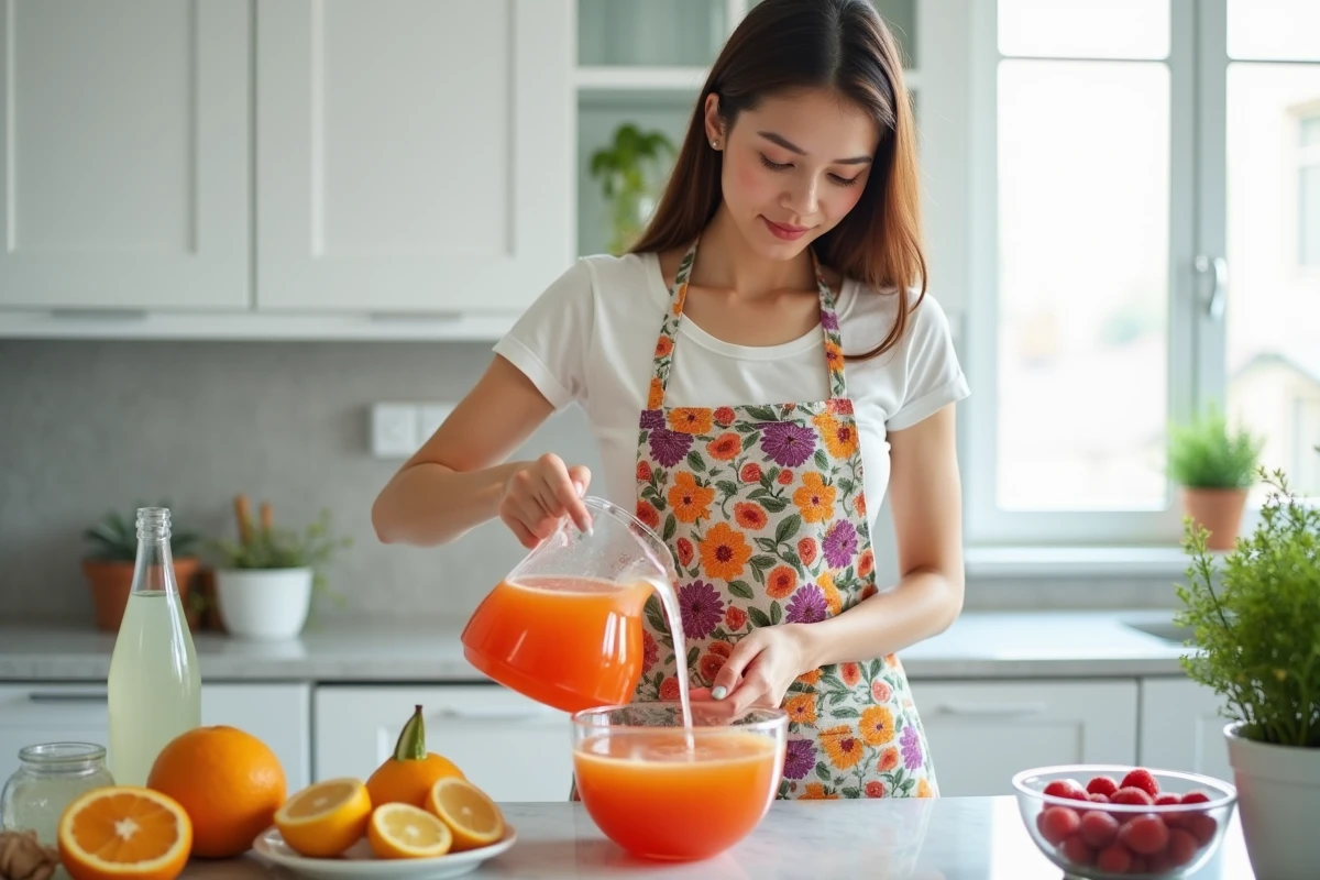 Femme préparant un punch pour mariage en versant un pichet dans un grand bol en cristal dans une cuisine moderne