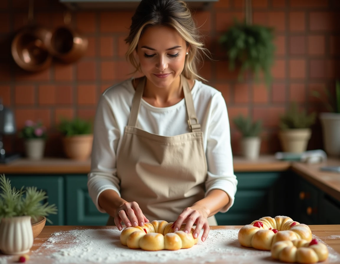 Femme préparant un roscón de reyes traditionnel espagnol dans une cuisine maison avec garnitures de fruits confits