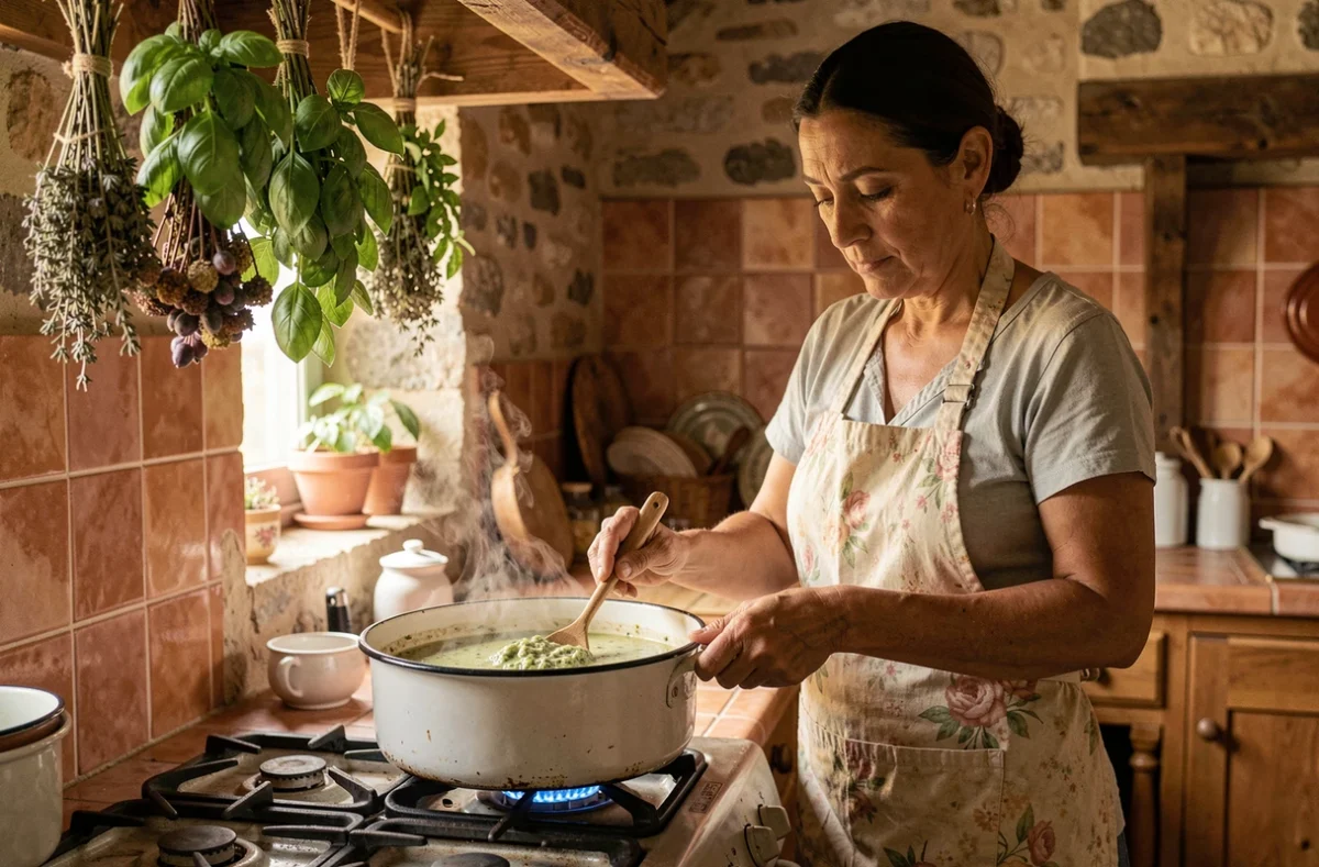 Femme provençale préparant une soupe au pistou maison dans une cuisine rustique avec des herbes fraîches