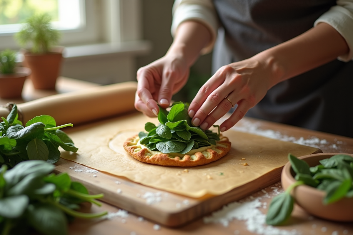 Main préparant une tarte aux épinards fraîche