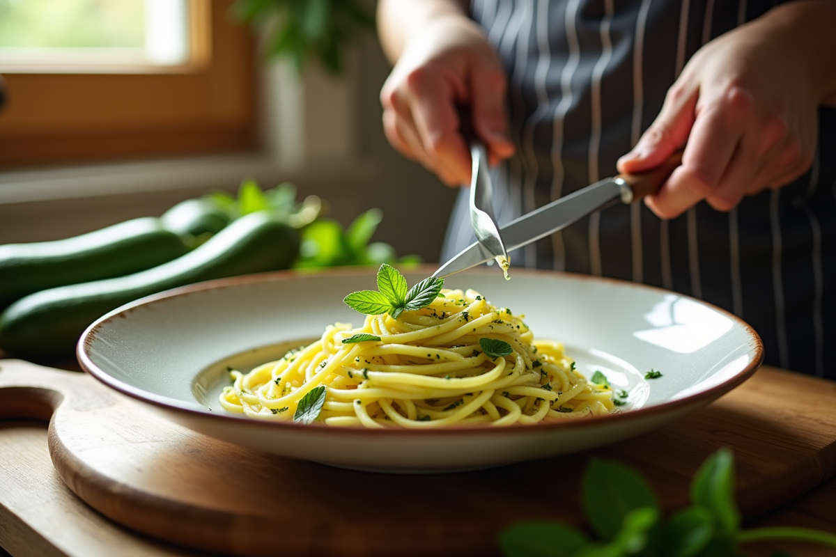 Mains en cuisine dressant des tagliatelles de courgettes sur une assiette rustique
