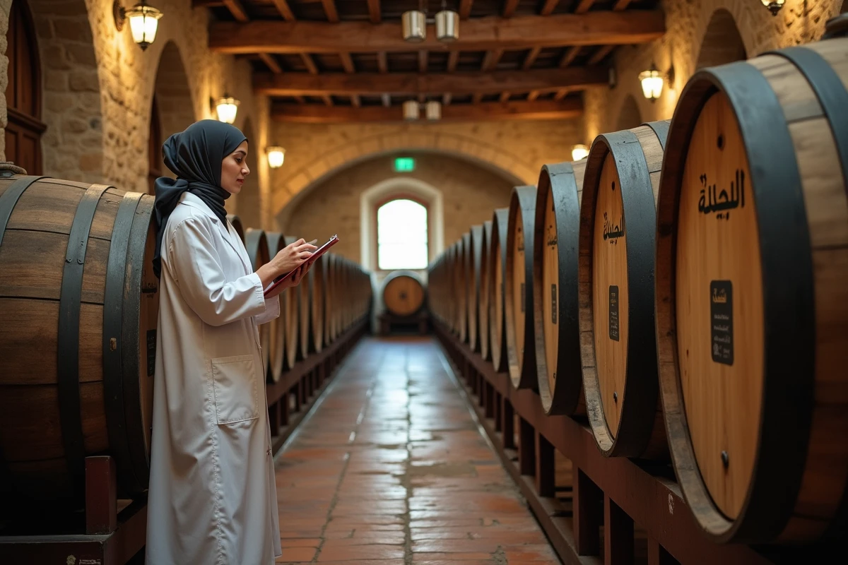 Inspectrice en hijab vérifiant des fûts de vinaigre artisanal dans un atelier de production certifié halal
