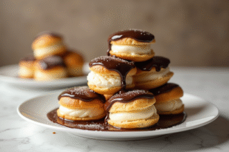Profiteroles glacés au chocolat et vanille en gros plan