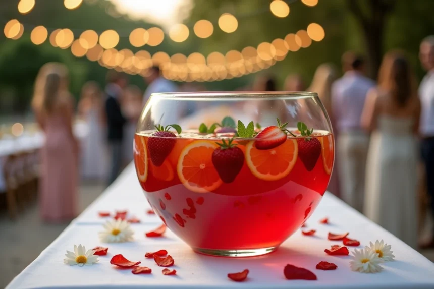 Grand bol à punch en verre rempli de punch aux fruits rouges garni d'oranges et de menthe sur une table de mariage en plein air