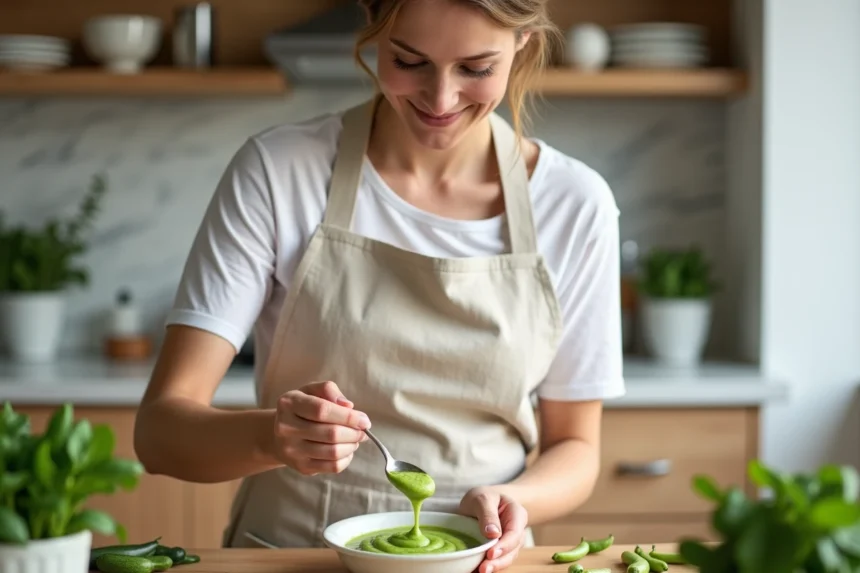 Maman préparant une purée maison de petits pois et courgettes pour bébé dans une cuisine en bois clair au printemps