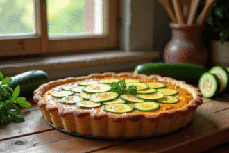Quiche zucchini fraîche sur une table en bois avec herbes et légumes