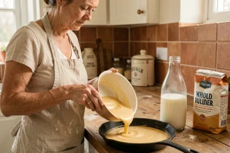 Femme versant de la pâte à crêpes dans une poêle en fonte avec farine et lait visibles sur le plan de travail