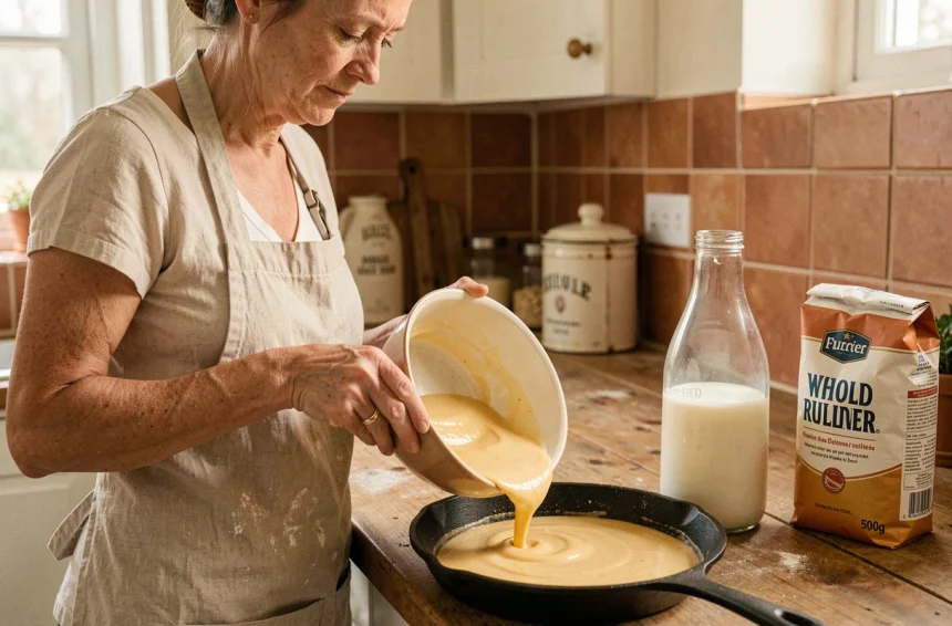Femme versant de la pâte à crêpes dans une poêle en fonte avec farine et lait visibles sur le plan de travail