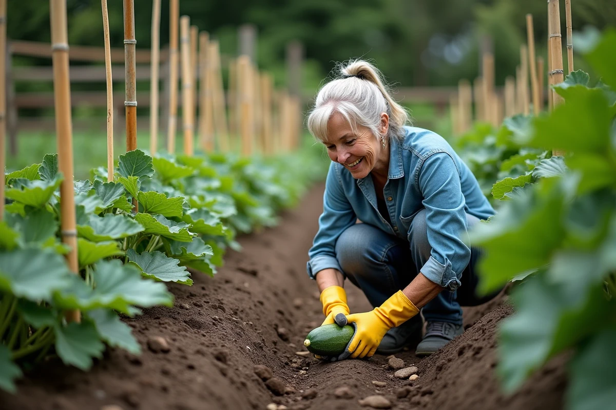Femme âgée récoltant des légumes en V dans un potager, courgette et haricots verts dans le jardin