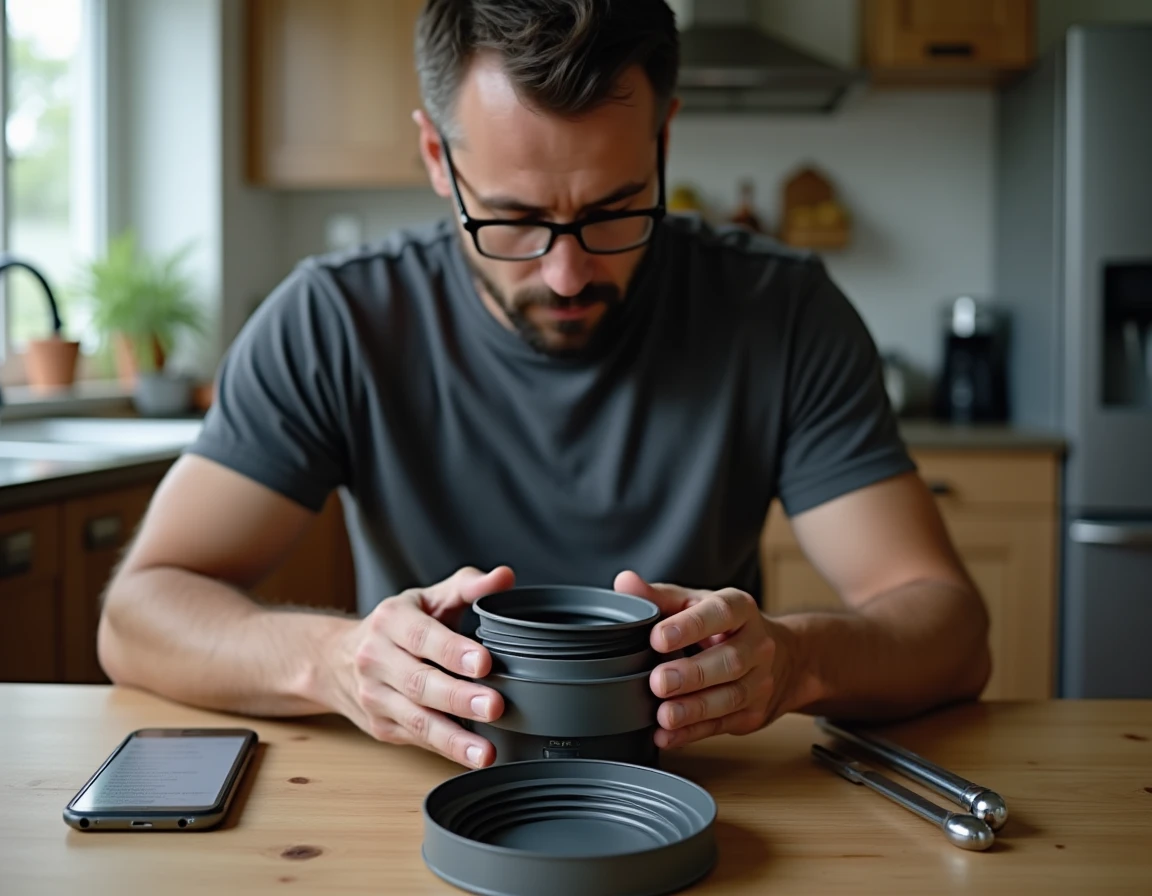 Homme inspectant le joint d'un Cookeo démonté sur une table de cuisine