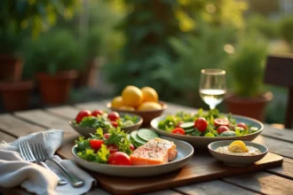 Repas estival léger servi sur une table en bois dans un jardin, avec une salade niçoise colorée, du saumon poché et des légumes frais