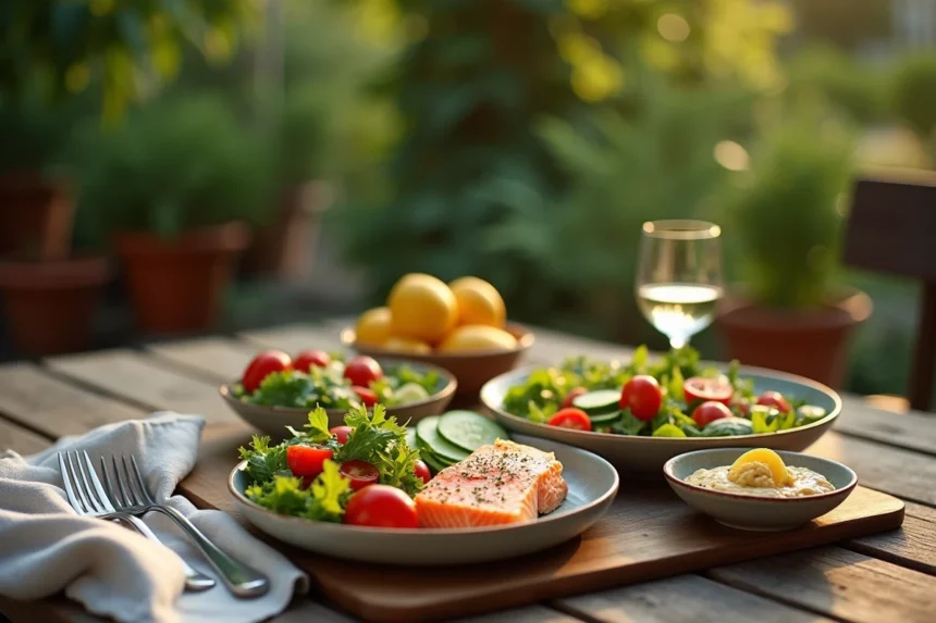 Repas estival léger servi sur une table en bois dans un jardin, avec une salade niçoise colorée, du saumon poché et des légumes frais