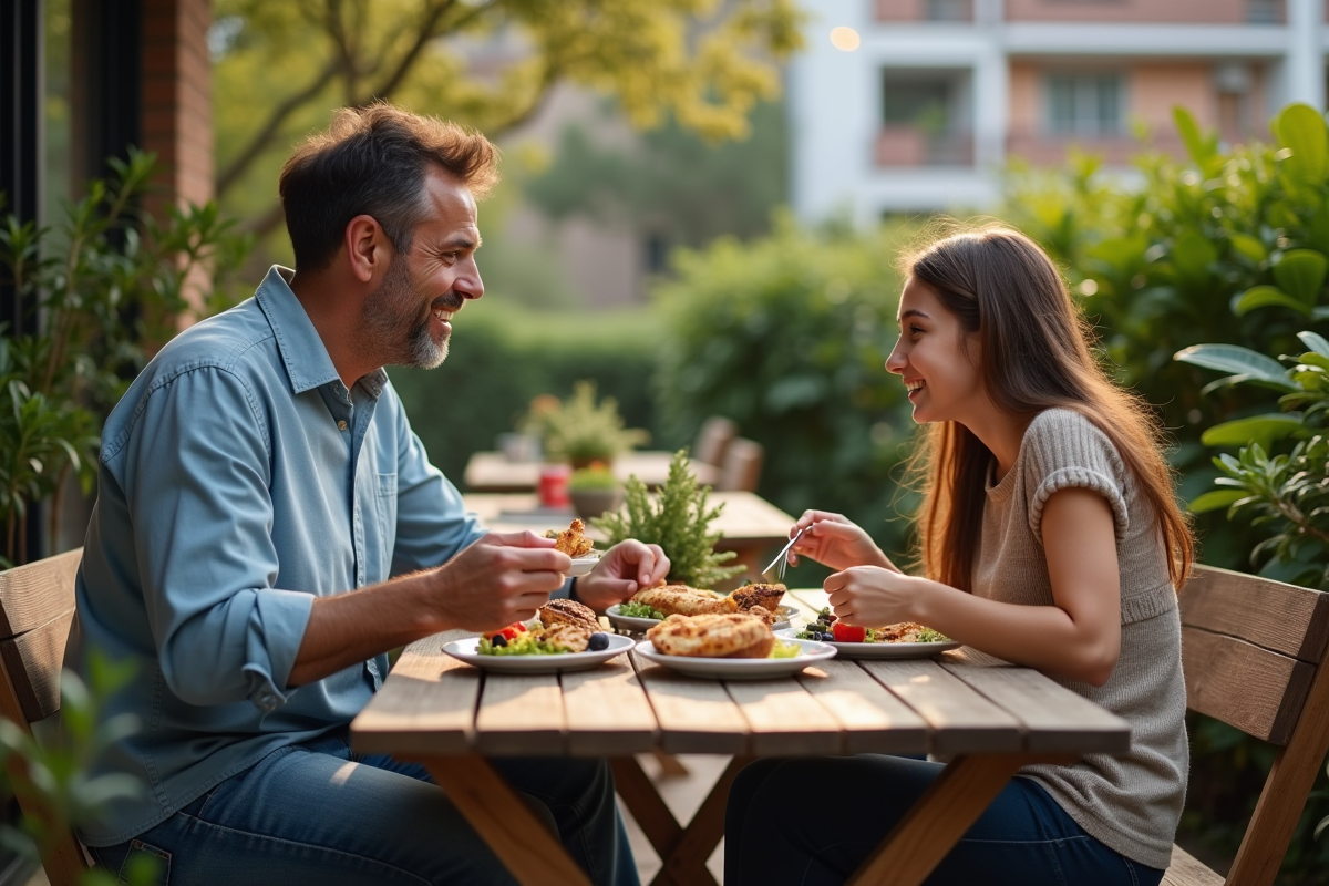 Famille partageant un repas sain dans un jardin en soirée