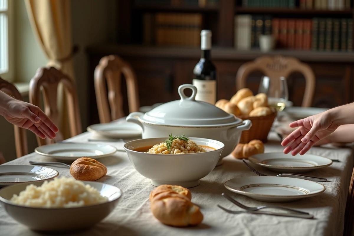 Table familiale du dimanche avec une soupière de blanquette de veau et du riz accompagnée de vin blanc