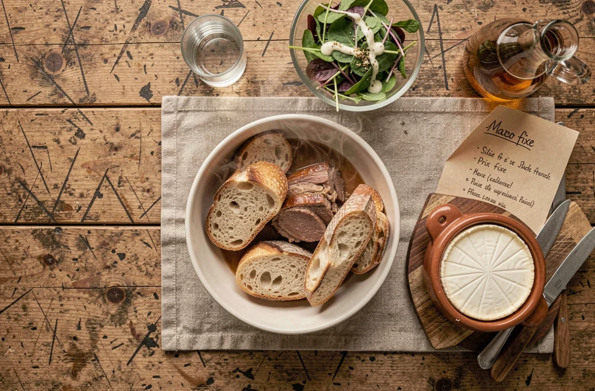 Plateau repas typique du Nord avec potjevleesch et fromage Maroilles dans un restaurant économique de Lille