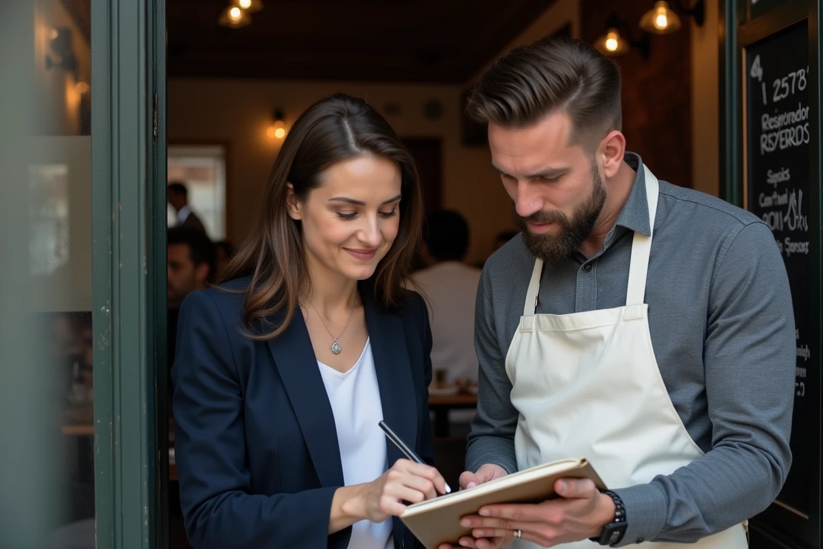 Couple consultant le maître d'hôtel pour une réservation à l'entrée d'un bistrot parisien