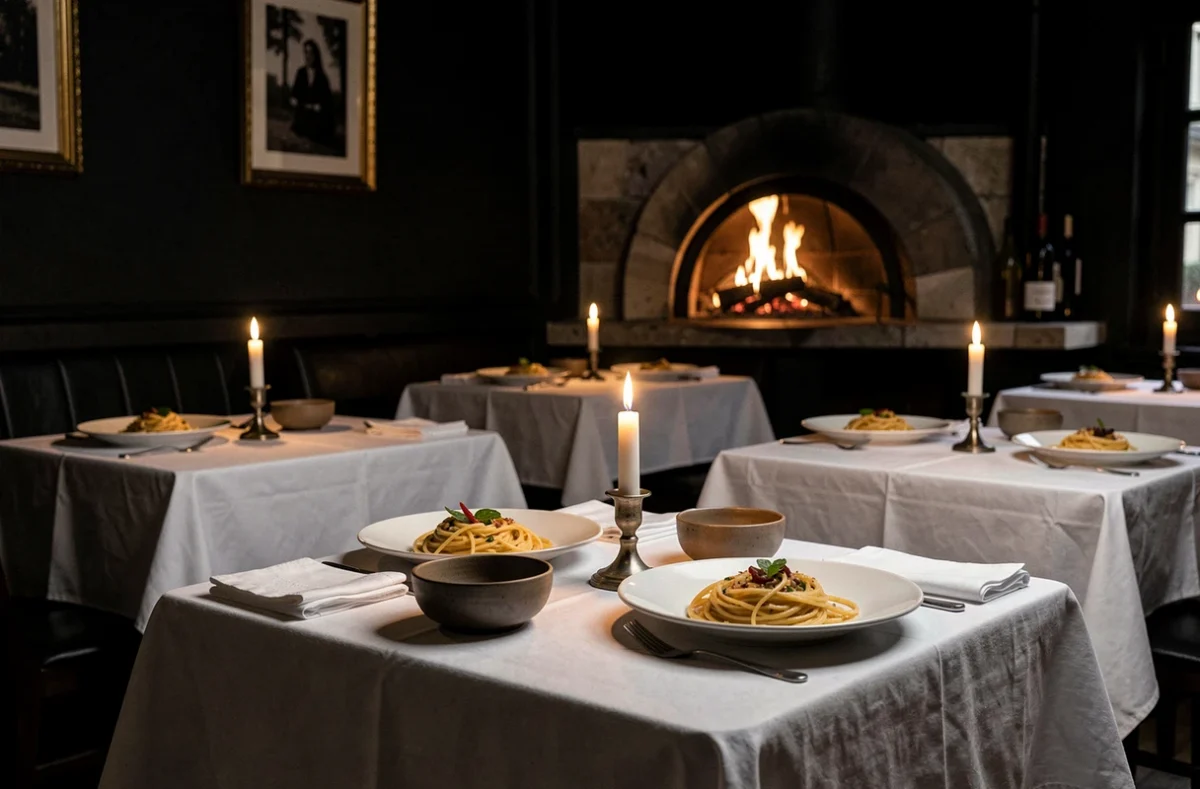 Salle de restaurant A Fuoco Nero avec son four à bois et son ambiance sombre et raffinée