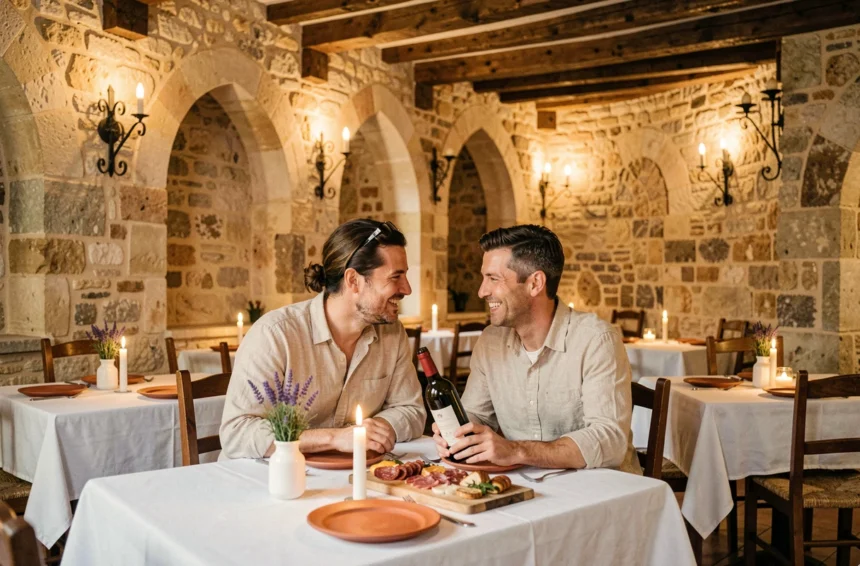 Intérieur d'un restaurant typique du centre-ville de Carcassonne avec murs en pierre et ambiance chaleureuse