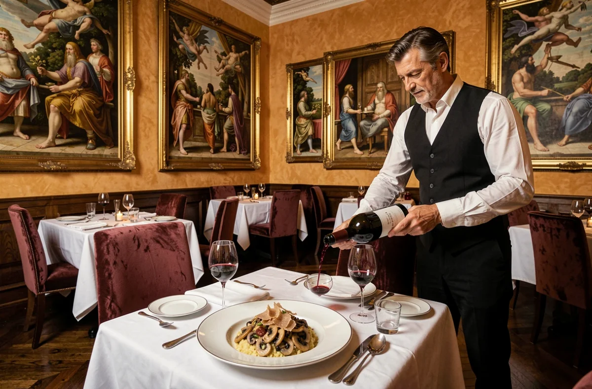 Da Vinci, restaurant italien raffiné avec fresques Renaissance, velours et risotto aux truffes servi en salle